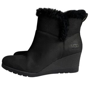 Ugg Devorah Fur Trim Ankle Boots Waterproof Suede Wedge Booties Black Womens 8